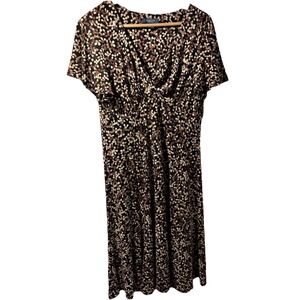 Chaps L Brown &  Black All Over Dot Print Flutter Sleeve Dress VNeck Babydoll Y2